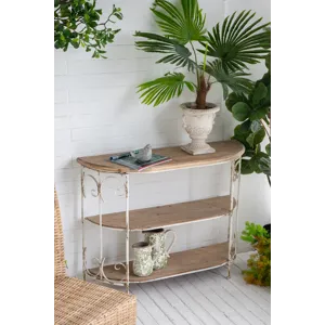 Three Tiered White Wooden Shelving Unit With Ornate Iron Frame - Multicolor