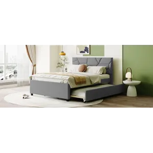 Full Size Upholstered Platform Bed With Brick Pattern Headboard And Twin Size Trundle, Linen - Gray