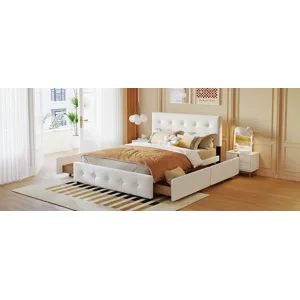 Queen Size Upholstered Platform Bed With Classic Headboard And 4 Drawers, No Box Spring Needed - Whi