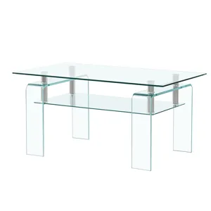 Rectangle Clear Glass Coffee Table, Modern Glass Coffee Table For Living Room, 2 Tier Storage Center
