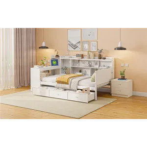 Twin Size Wooden Daybed With 3 Drawers, USB Ports And Desk - White