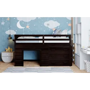 Twin Size Loft Bed With Cabinet And Shelf - Espresso