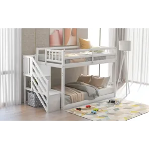 Twin Over Twin Floor Bunk Bed, Ladder With Storage - White