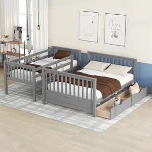 Twin Over Full Bunk Bed With Ladders And Two Storage Drawers - Gray