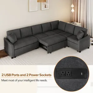 L-Shaped Sofa Convertible Sofa Bed Pull Out Sofa Sleeper With Two Back Pillows, Two USB Ports And Tw
