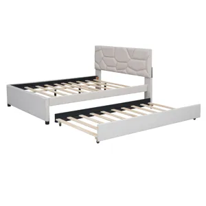 Full Size Upholstered Platform Bed With Brick Pattern Headboard And Twin Size Trundle, Linen - Beige