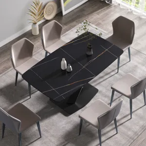 63\" Artificial Stone Black Curved Black Metal Leg Dining Table - Black