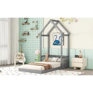 Twin House-Shaped Roof Headboard Floor Bed, (Without Slats) - Gray