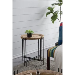 Round Side Table With Wood Top, End Table For Living Room Bedroom - Black Brown