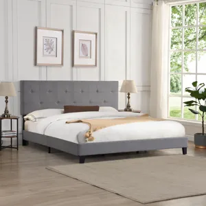 King Size Upholstered Platform Bed Frame With Button Tufted Linen Fabric Headboard, No Box Spring Ne