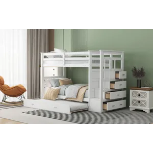 Twin Over Twin Bunk Bed With Trundle And Staircase - White