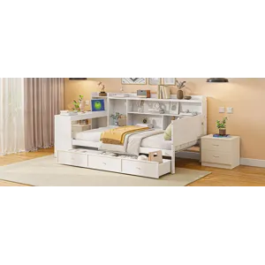 Twin Size Wooden Daybed With 3 Drawers, USB Ports And Desk - White