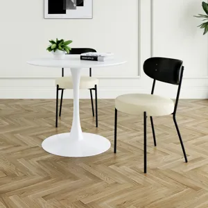 Modern Gray Simple PU Dining Chair Upholstered Chair Family Bedroom Stool Back Dressing, White Round