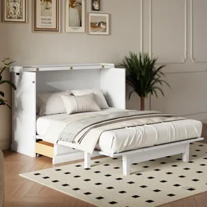 Queen Solid Pine Murphy Bed Chest Cube Cabinet Bed With Charging Station And Large Storage Drawer Fo