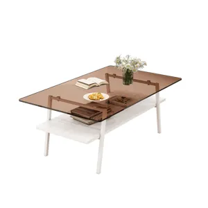 Rectangle Coffee Table, Tempered Glass Tabletop With White Metal Legs, Modern Table For Living Room 