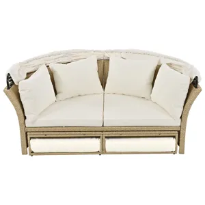 Outdoor Patio Daybed Wicker Rattan Double Daybed Round Sofa Furniture Set With Retractable Canopy, 4