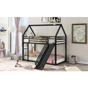 Twin Over Twin House Bunk Bed With Ladder And Slide - Black