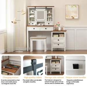 Farmhouse Makeup Vanity Desk With Adjustible LED Lighted Mirror And Charging Station For Bedroom, Dr