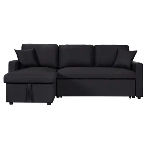 Paisley - Linen Fabric Reversible Sleeper Sectional Sofa With Storage Chaise - Black