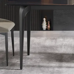 63\" Artificial Stone Black Curved Black Metal Leg Dining Table, 6 People - Black