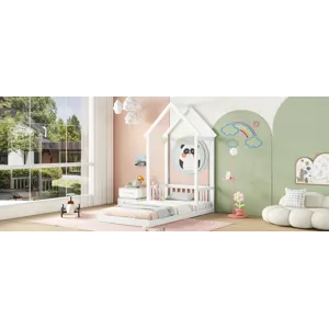 Twin House-Shaped Roof Headboard Floor Bed, (Without Slats) - White