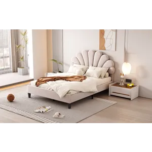 Full Size Upholstered Platform Bed With Flower Pattern Velvet Headboard - Beige