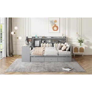Full Size Wooden Daybed With 3 Drawers, USB Ports And Desk - Gray