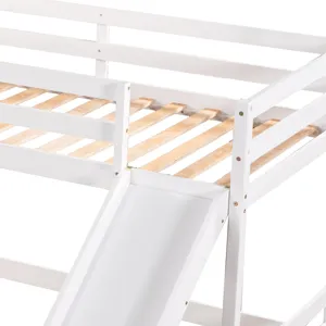 Full And Twin Size L-Shaped Bunk Bed With Slide And Short Ladder - White