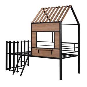Twin Size Loft Bed With Roof, Window, Guardrail, Ladder Black