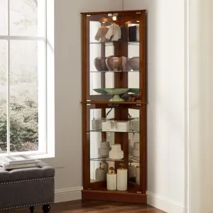 Corner Curio Dispaly Cabinet With Lights, Adjustable Tempered Glass Shelves, Mirrored Back (E26 Light Bulb Not Included) - Walnut