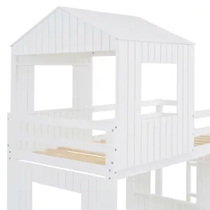 Wooden Twin Over Full Bunk Bed, Loft Bed With Playhouse, Farmhouse, Ladder, Slide And Guardrails - W