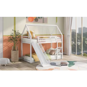 Twin Over Twin House Bunk Bed With Ladder And Slide - White