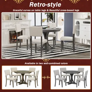 5 Piece Retro Round Dining Table Set With Curved Trestle Style Table Legs And 4 Upholstered Chairs F