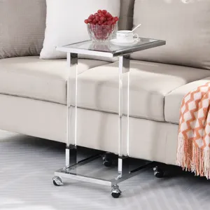 Glass Side Table, Acrylic End Table, Glass Top C Shape Square Table With Metal Base For Living Room,