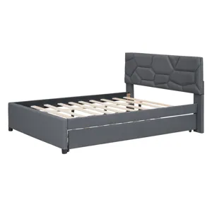 Full Size Upholstered Platform Bed With Brick Pattern Headboard And Twin Size Trundle, Linen - Gray