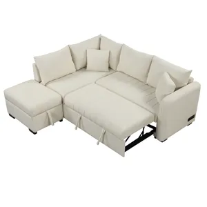 L-Shaped Sectional Pull Out Sofa Bed Sleeper Sofa With Two USB Ports, Two Power Sockets And A Movabl