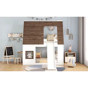 Wood Twin Size House Bunk Bed With Roof, Ladder And Slide - White / Brown