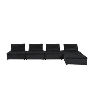 Anna - Velvet 5 Piece Sectional Sofa Ottoman - Midnight