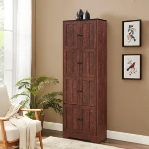 Tall Storage Cabinet With 8 Doors And 4 Shelves, Wall Storage Cabinet For Living Room, Kitchen, Offi
