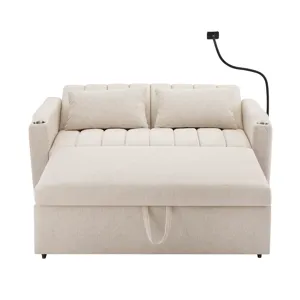Convertible Sofa Bed Loveseat Sofa With Three USB Ports, Two Side Pockets, Two Cup Holders And 360° 