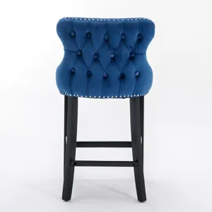 Contemporary Velvet Upholstered Wing-Back Barstools With Button Tufted Decoration And Wooden Legs, A