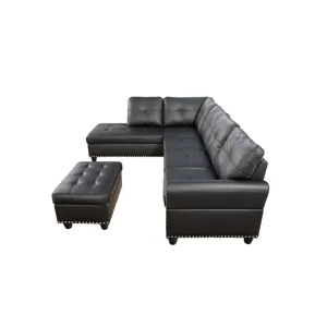 Irine - Faux Leather Sectional Sofa With Ottoman - Black