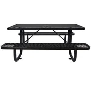 Rectangular Outdoor Steel Picnic Table With Umbrella Pole - Black