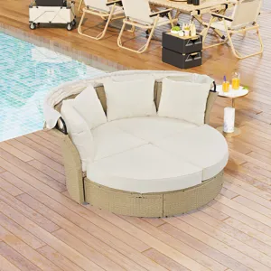 Outdoor Patio Daybed Wicker Rattan Double Daybed Round Sofa Furniture Set With Retractable Canopy, 4
