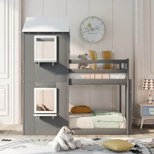 Twin Over Twin Bunk Bed Wood Bed With Roof, Window, Guardrail, Ladder - White