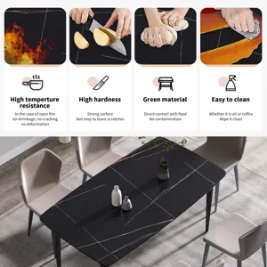 63\" Artificial Stone Black Curved Black Metal Leg Dining Table, 6 People - Black