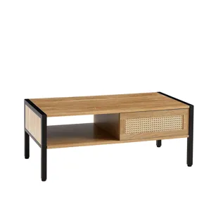 40.16\" Rattan Coffee Table, Sliding Door For Storage, Metal Legs, Modern Table For Living Room - Na