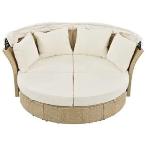 Outdoor Patio Daybed Wicker Rattan Double Daybed Round Sofa Furniture Set With Retractable Canopy, 4