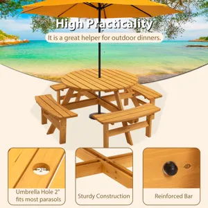 8 Person Wooden Picnic Table, Outdoor Camping Dining Table With Seat, Garden, Diy With 4 Built-In Be