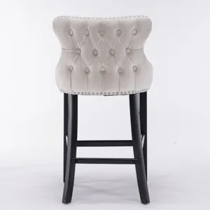 Contemporary Velvet Upholstered Wing-Back Barstools With Button Tufted Decoration And Wooden Legs, A